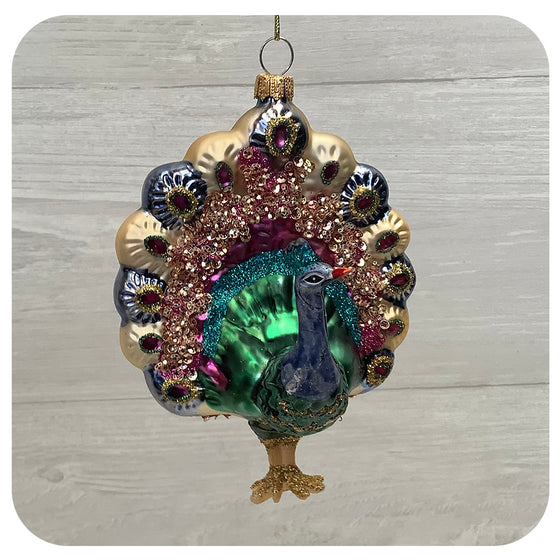 Glass Peacock Ornament with Pink Details