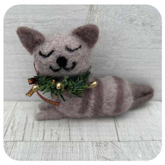 Grey Felt Tabby Cat with Wreath