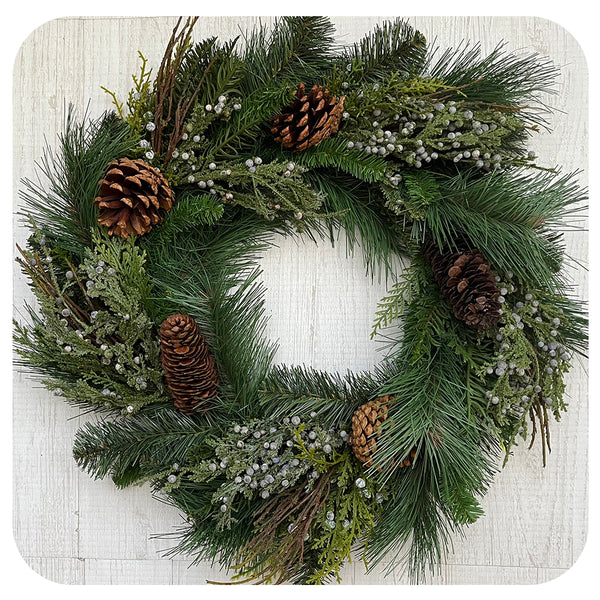 Faux Mixed Wreath with Juniper and Pine Cones Davenport Garden Centre