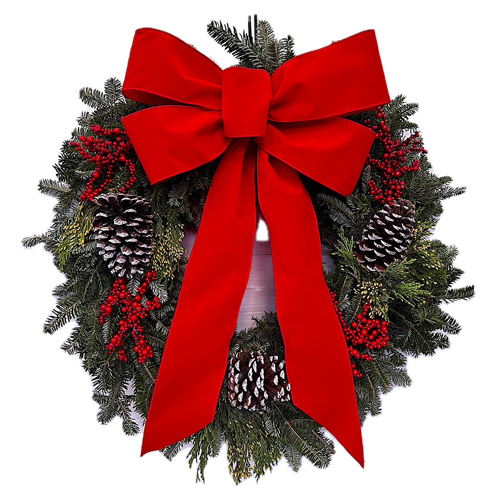 Bow, White-Tipped Cone and Cranberry Wreath