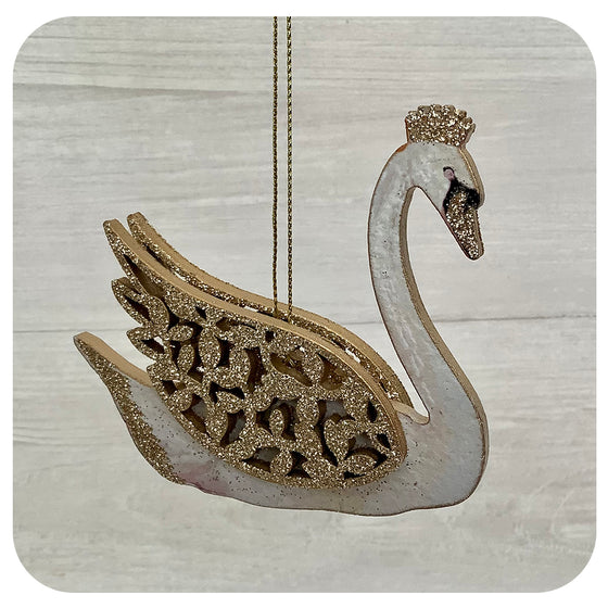 Wooden Swan Ornament with Glitter Details