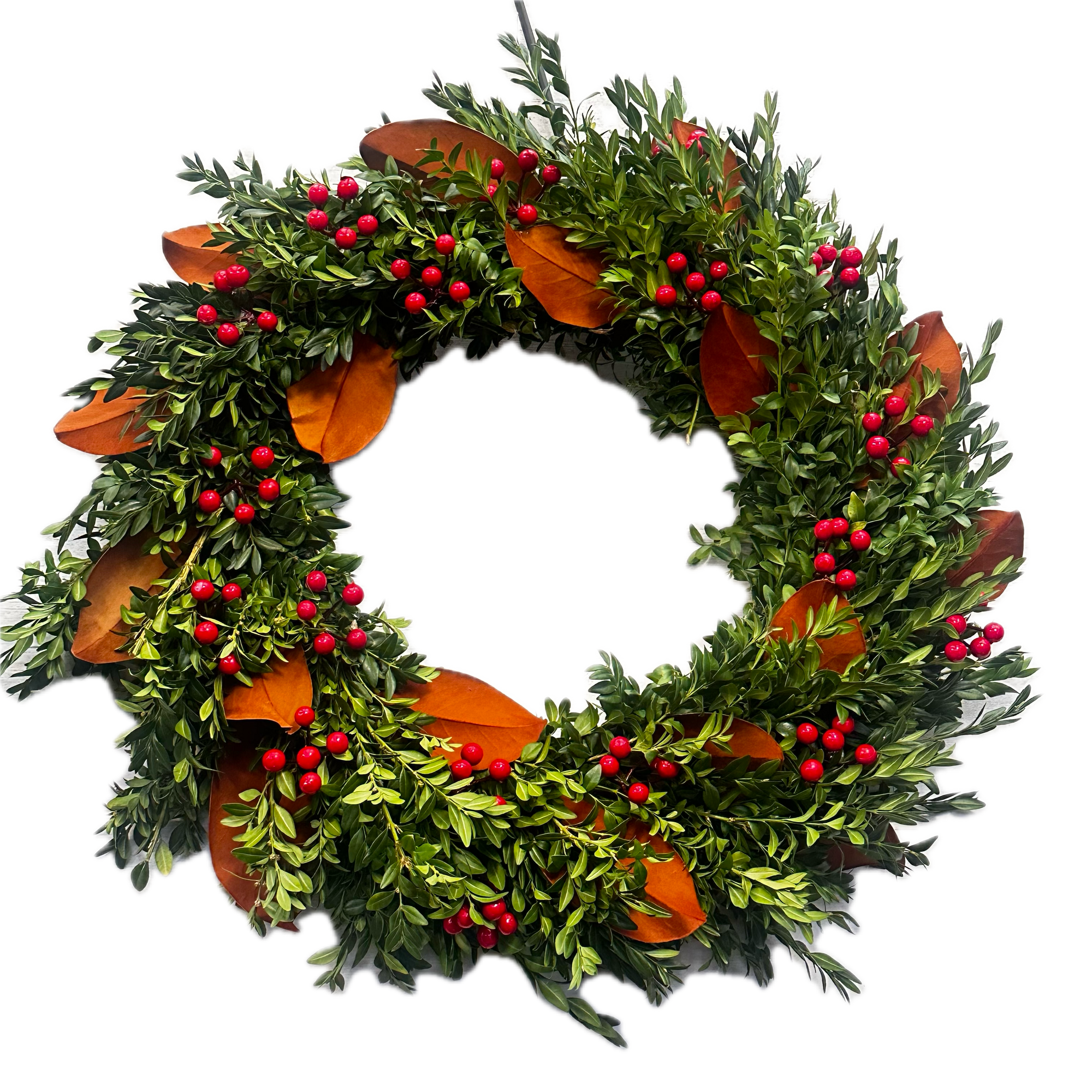 Boxwood  Wreath With Magnolia Leaves and Red Berries