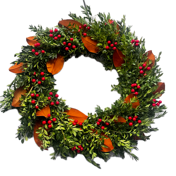 Boxwood  Wreath With Magnolia Leaves and Red Berries
