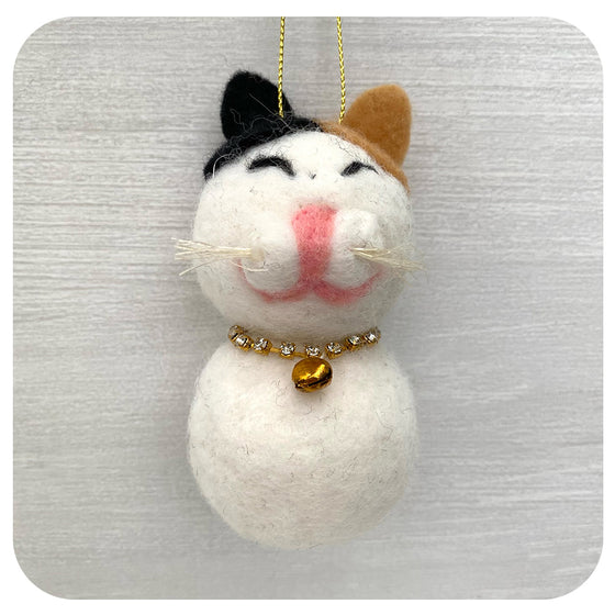 Happy Calico Cat Ornament - 100% Wool