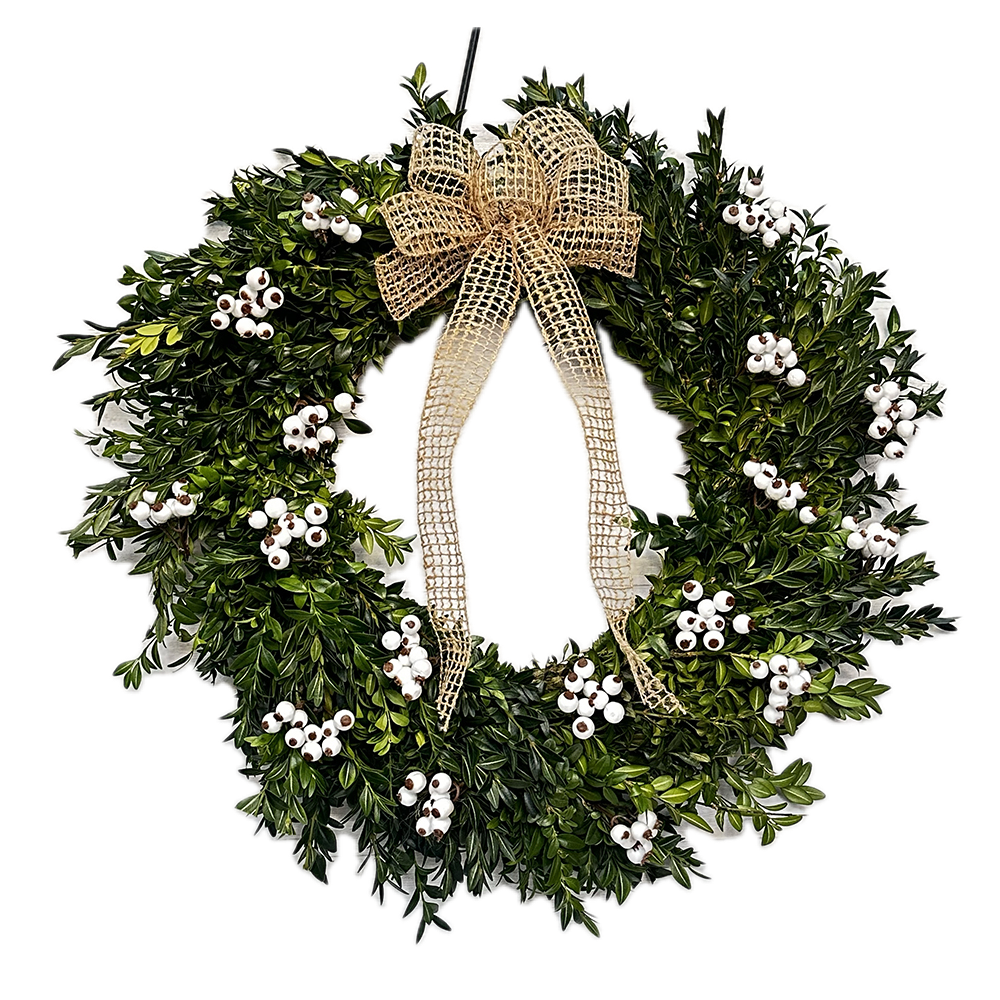 White Berry Boxwood  Wreath With Burlap Bow