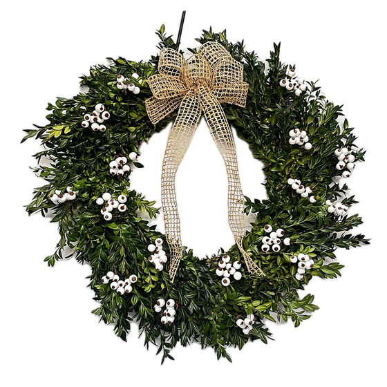 White Berry Boxwood  Wreath With Burlap Bow