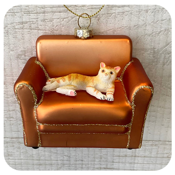 Ginger Cat on Couch Glass Ornament