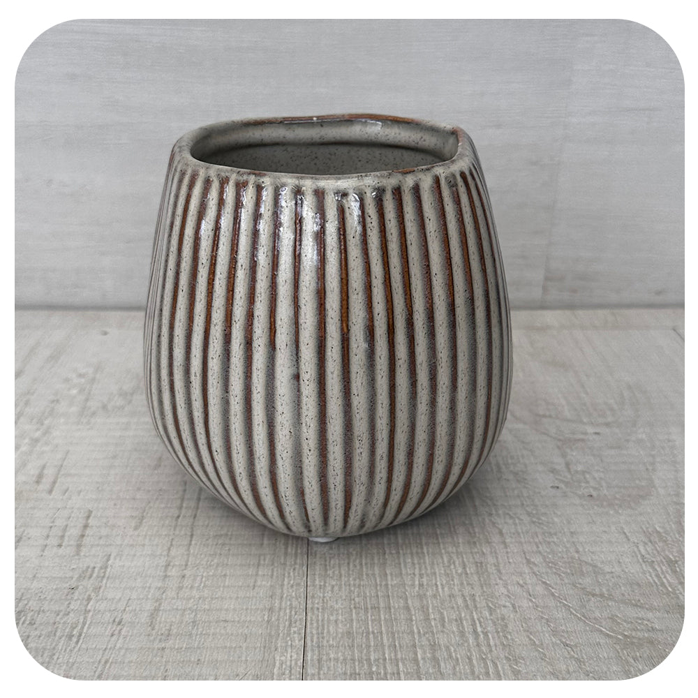 Cream and Brown Ribbed Glazed Pot