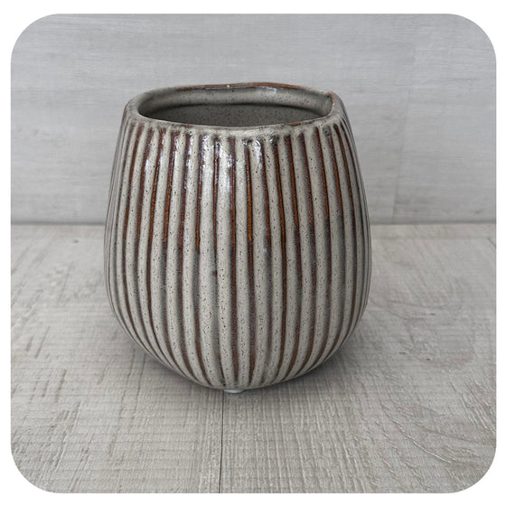 Cream and Brown Ribbed Glazed Pot
