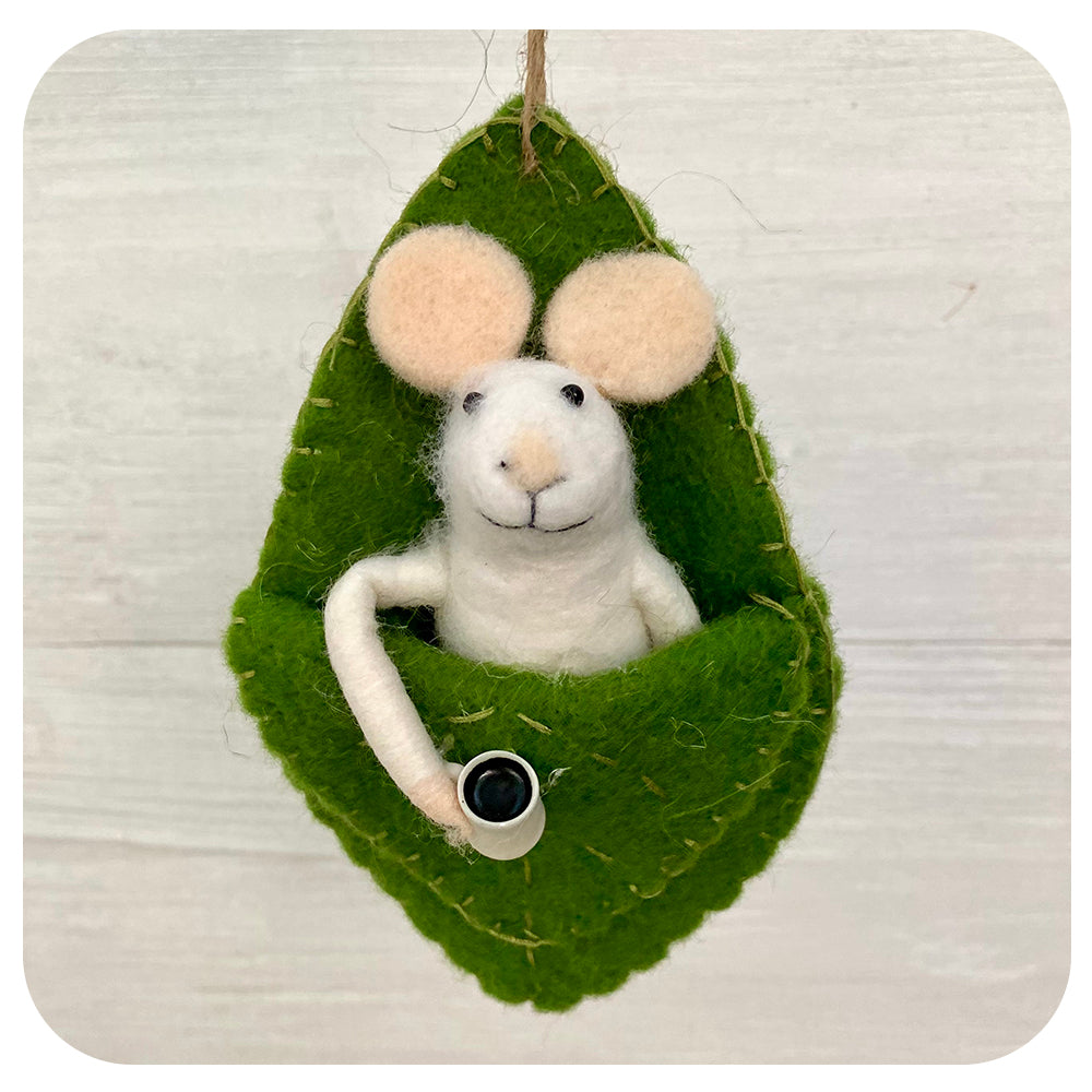 Mouse in Leaf Sleeping bag with Coffee