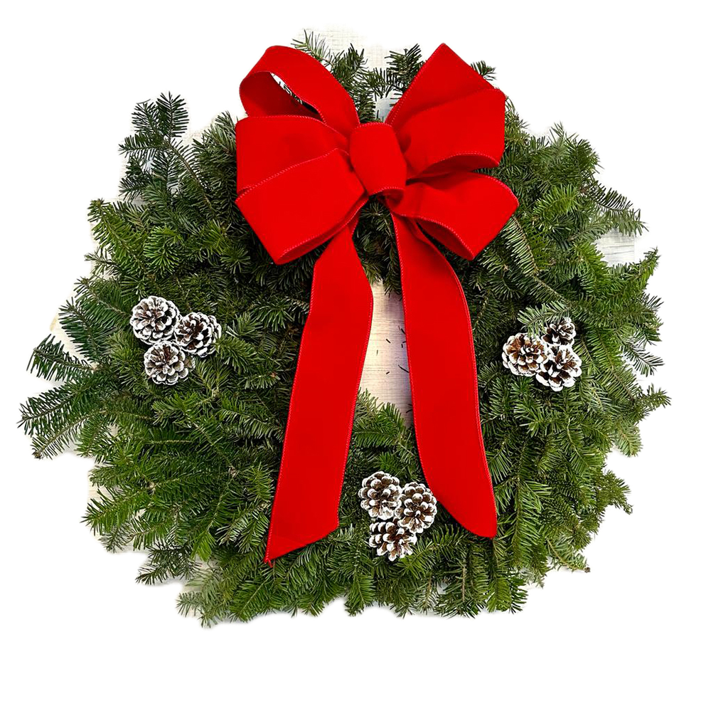 Classic Bow and White-Tipped Cone Wreath