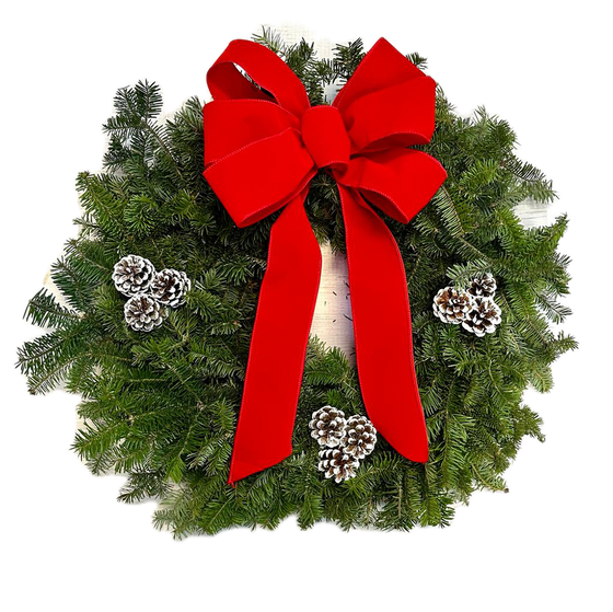 Classic Bow and White-Tipped Cone Wreath