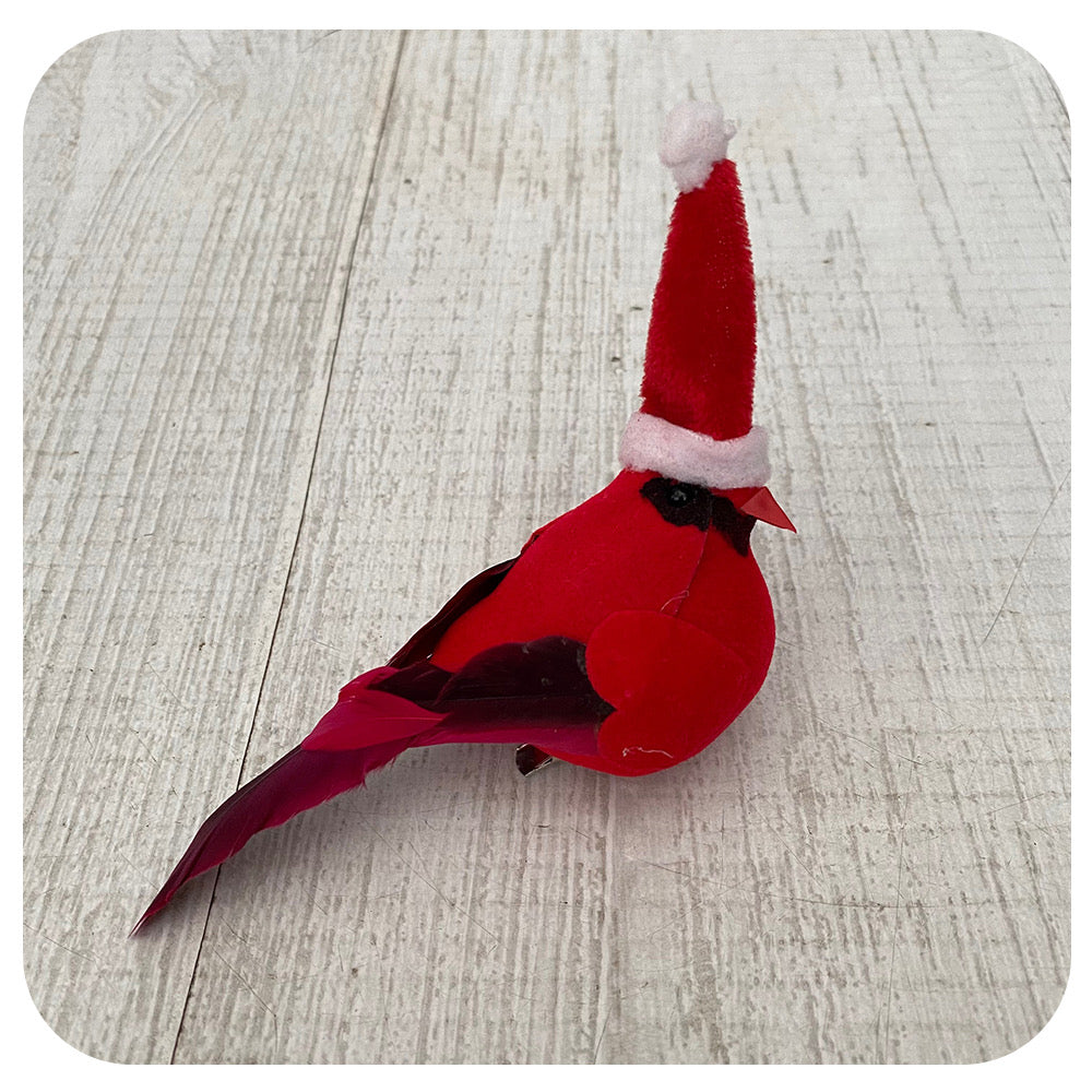 Cardinal Bird with Santa Hat Clip