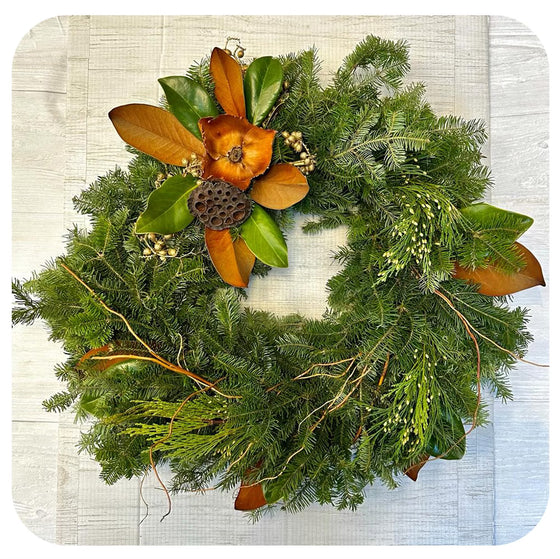 MIxed Greens with Lotus and Palm Cap Wreath
