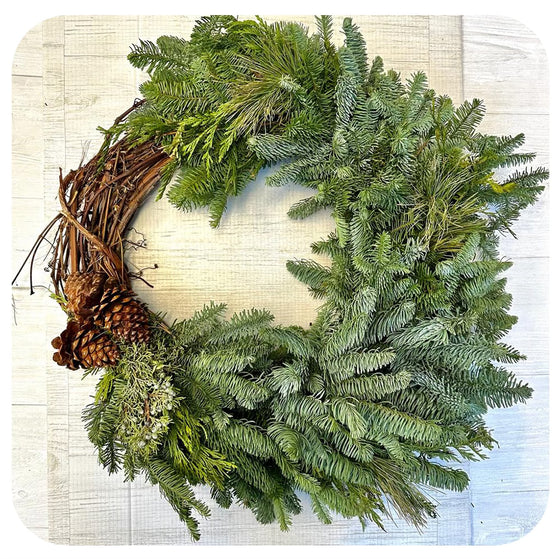 Grapevine, Greens and Cone Wreath 30"