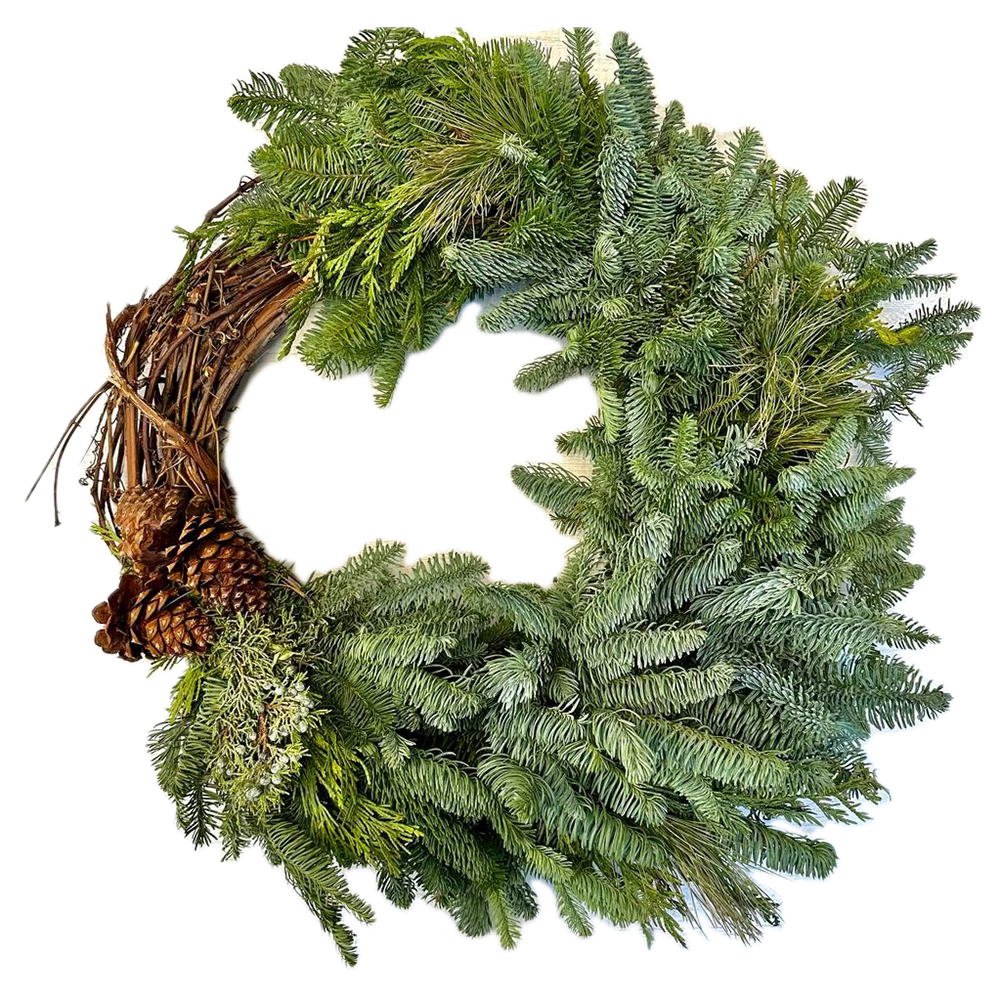 Grapevine, Greens and Cone Wreath 30"