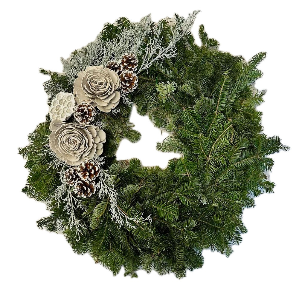 Fraser Fir and White Rosette Wreath