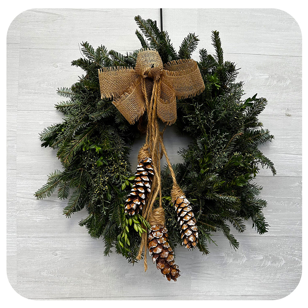 Strobus Cone and Burlap Bow Wreath