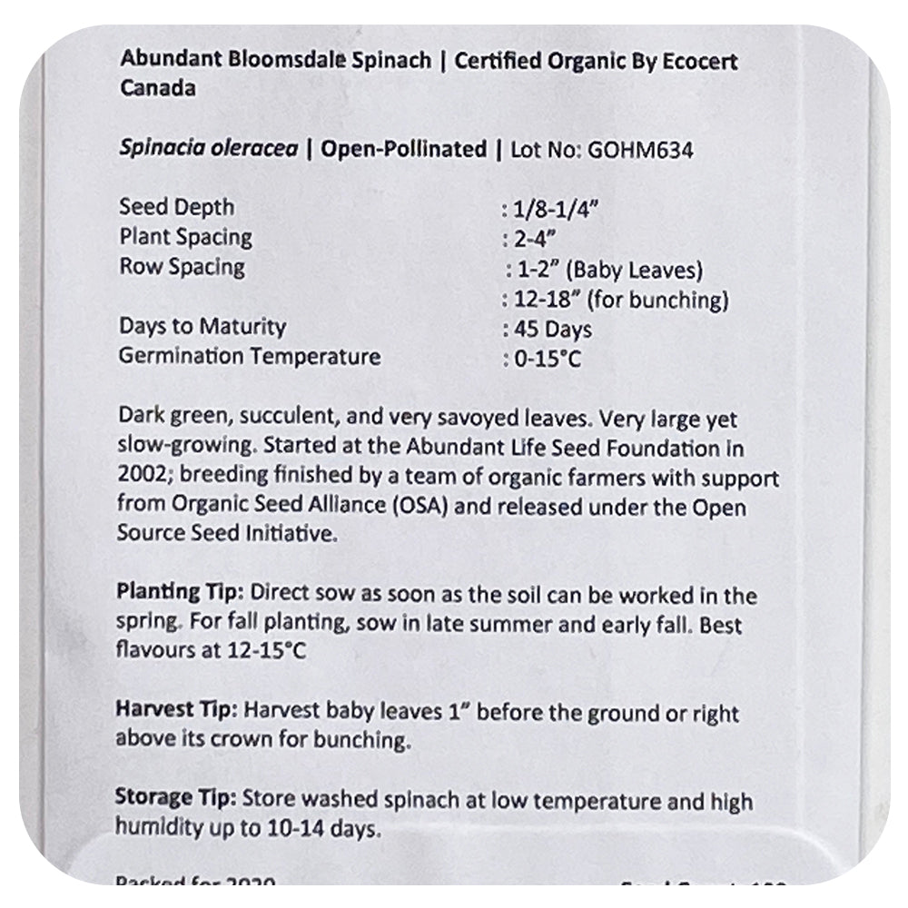 Spinach 'Bloomsdale' Seeds (Organic)